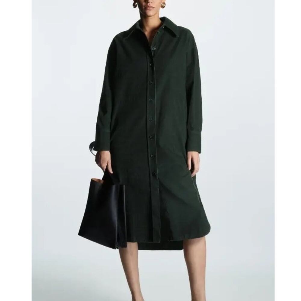 NWT COS (12) Dark Green Corduroy Midi Shirt Dress Button Up Minimalist Oversized